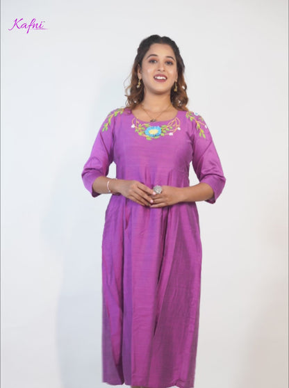 Purple Dupion Silk Hand-Embroidered Dress